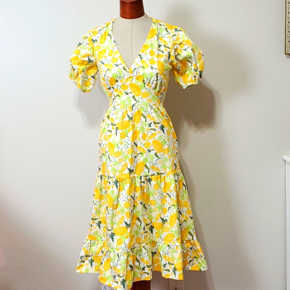 Bright & Beautiful Yellow Poppy Floral Print Vintage Style Dress Puff Sleeve XS